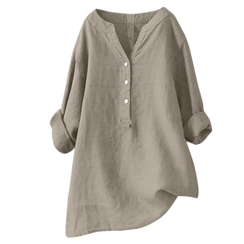 Generisch Bluse Damen Sommer Musselin Bluse Damen Baumwolle Leinenbluse V-Ausschnitt Button-Down Hemdbluse Elegant Einfarbig Blusenshirt Longbluse Oversized Blusehemd mit Taschen von Generisch