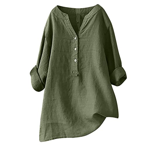 Generisch Bluse Damen Sommer Musselin Bluse Damen Baumwolle Leinenbluse V-Ausschnitt Button-Down Hemdbluse Elegant Einfarbig Blusenshirt Oversize Bluse Longbluse Oversized Blusehemd mit Taschen von Generisch