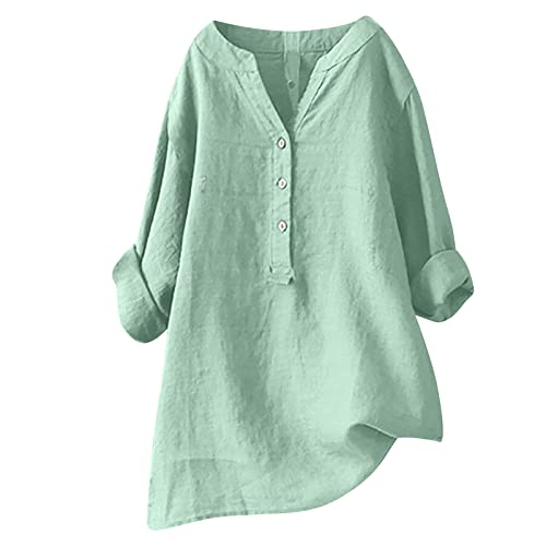 Generisch Bluse Damen Sommer Musselin Bluse Damen Baumwolle Leinenbluse V-Ausschnitt Button-Down Hemdbluse Elegant Einfarbig Blusenshirt Oversize Bluse Longbluse Oversized Blusehemd mit Taschen von Generisch