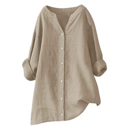 Generisch Bluse Damen Sommer Musselin Bluse Damen Baumwolle Leinenbluse V-Ausschnitt Button-Down Hemdbluse Elegant Einfarbig Blusenshirt Oversize Bluse Longbluse Oversized Blusehemd mit Taschen von Generisch