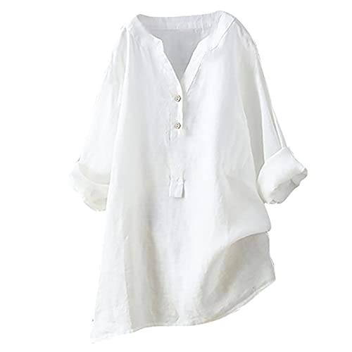 Generisch Bluse Damen Sommer Musselin Bluse Damen Baumwolle Leinenbluse V-Ausschnitt Button-Down Hemdbluse Elegant Einfarbig Blusenshirt Oversize Bluse Longbluse Oversized Blusehemd mit Taschen von Generisch