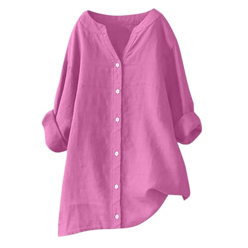 Generisch Bluse Damen Sommer Musselin Blusen Damen Baumwolle Leinenbluse Button-Down V-Ausschnitt Hemdbluse Elegant Einfarbig Blusenshirt Oversize Bluse Longbluse Oversized Blusehemd mit Taschen von Generisch