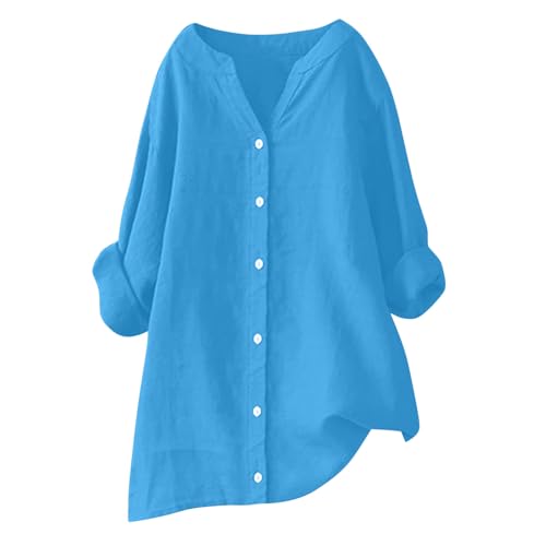 Generisch Bluse Damen Sommer Musselin Blusen Damen Baumwolle Leinenbluse Button-Down V-Ausschnitt Hemdbluse Elegant Einfarbig Blusenshirt Oversize Bluse Longbluse Oversized Blusehemd mit Taschen von Generisch