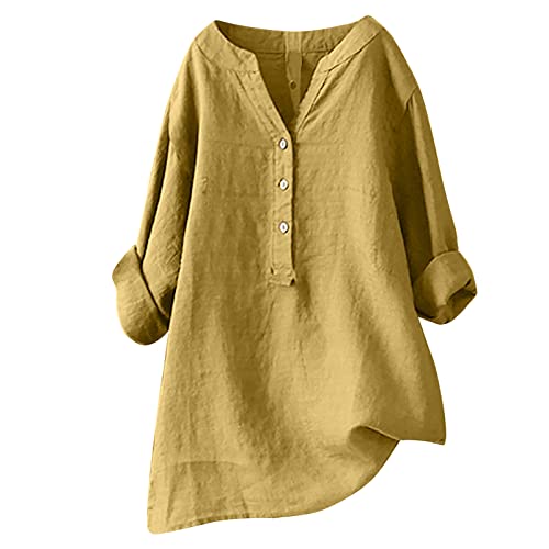 Generisch Bluse Damen Sommer Musselin Blusen Women Baumwolle Leinenbluse V-Ausschnitt Button-Down Hemdbluse Elegant Einfarbig Blusenshirt Oversize Tshirt Longbluse Große Größe Blusehemd mit Taschen von Generisch