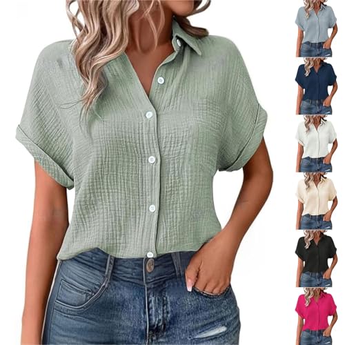 Generisch Bluse Damen Sommer Oversized Leinenbluse Musselin Hemd Bluse Tuniken Oberteile Kurzarm Longbluse Hemdbluse Freizeit Tshirt Teenager Mädchen Frauen Blusen & Tuniken von Generisch