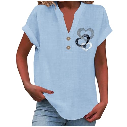 Generisch Bluse Damen Sommer Tops Baumwolle Leinenbluse Elegante Kurzarm Leinen Tshirt Leinenshirt Oversized Lässiges Musselin Oberteile Button Down Hemdbluse Tunika von Generisch