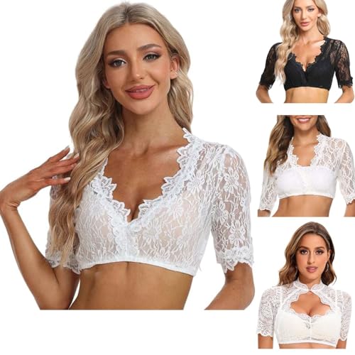 Generisch Bluse Damen Weiß - Dirndlbluse Langarm V-Ausschnitt Knopfleiste Trachtenbluse für Oktoberfest & Karneval Dirndlbluse Schulterfrei Oktoberfest Outfit von Generisch