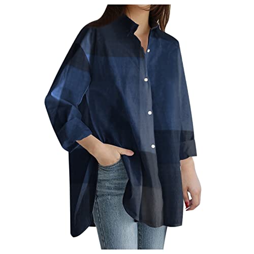 Generisch Bluse Mit Stehkragen Damen - Langarm Einfarbig Tops Bluse Damen Musselin Langarmshirt Farbblock Shirts Hemdjacke Elegant Einfarbig Blusenshirt V Button Down Bluse Tops Lässig Oberteile Hemd von Generisch