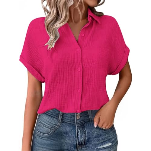 Generisch Bluse Pink Damen Leinenbluse Musselin Hemd Bluse Elegant Tuniken Sommer Oberteile Kurzarm Longbluse Oversized Hemdbluse Freizeit Tshirt Teenager Mädchen Frauen von Generisch