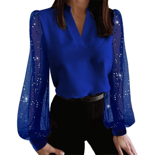 Bluse mit V-Ausschnitt und transparenten Spitzenärmeln, glitzerndes Damenoberteil mit Netzeinsätzen Oversized Hemd Damen (Blue, M) von Generisch