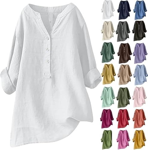 Generisch Blusehemd Damen Sommer Elegante Leinenbluse Button Down Große Größen Bluse Langarmshirt Leinen Baumwolle Oberteile Casual Business Tunika Tops von Generisch