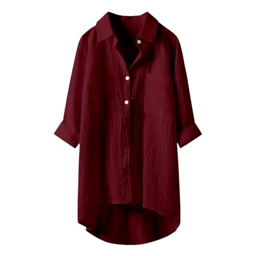 Generisch Blusen Damen Sommer,Langarm Bluse Musselin Bluse Leinen Baumwolle Longbluse Sommerblusen Damen Leicht und Luftig mit Button-Down Sommer Freizeithemd Elegant Einfarbig Tops mit Brusttaschen von Generisch
