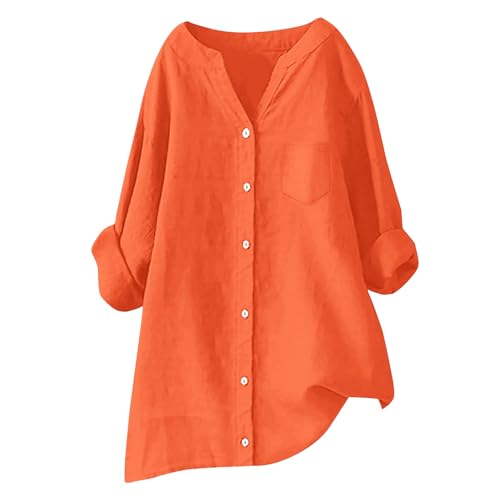 Generisch Blusen Tuniken Für Damen Leinenbluse Damen Sommer Leinenhemd Große Größen Button-Down Übergröße Hemd V-Ausschnitt Langarm Elegant Freizeithemd Mit Brusttaschen von Generisch