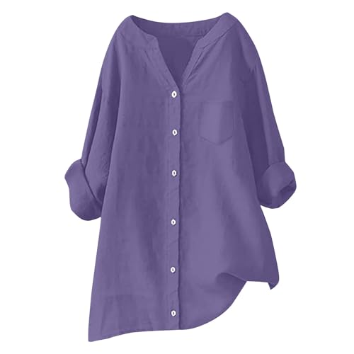 Generisch Blusen Tuniken Für Damen Leinenbluse Sommer Leinenhemd Große Größen Button-Down Übergröße Hemd V-Ausschnitt Langarm Elegant Freizeithemd Mit Brusttaschen von Generisch