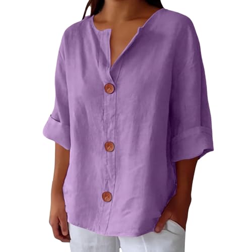 Generisch Blusen Tuniken für Damen Leinen 3/4 arm Leinenbluse Damen Elegant Kurzarm Baumwolle Leinen Tshirt Lässiges Musselin Oberteile Button Down Bequem Leichte Hemdbluse Loose Fit Sommerhemd von Generisch