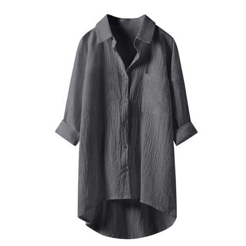 Generisch Blusen & Tuniken Für Damen Leinen Baumwolle Longbluse Musselin Bluse Sommer Button-Down Übergröße Leinenbluse Lässiges Hemd V-Ausschnitt Elegant Freizeithemd Tunika Große Größen von Generisch