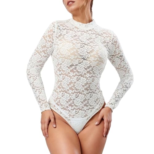 Generisch Bodysuit Damen Spitzen Trachtenbody Elegant Party Oberteil Festival Spitzenbody Langarm Body Lace Outfit Weiß XL von Generisch