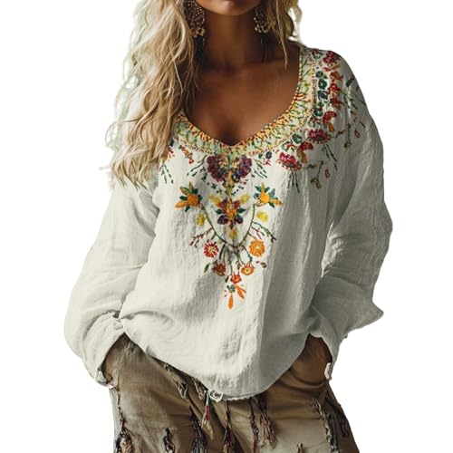 Generisch Bohemian Bluse Damen-Hippie Bluse Frauen Sommer Langarm V-Ausschnitt Vintage-Stil Boho Blumenhemd mit lockere Blumenmuster Tunika Damen-Oberteil Blusenshirt Ausgefallene Strandhemd von Generisch