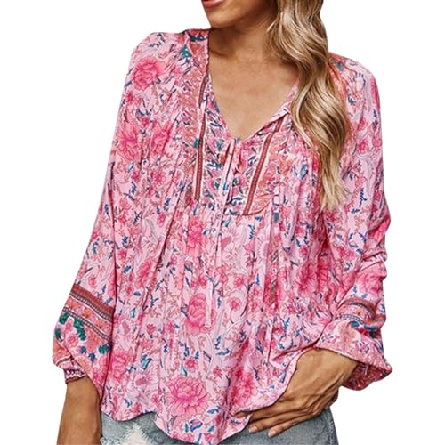Generisch Boho Bluse Damen Langarm Sommer Hippie Große Größen 70er Blumenmuster Kleidung V Ausschnitt Batik Shirt Lässige Blusen & Tuniken von Generisch
