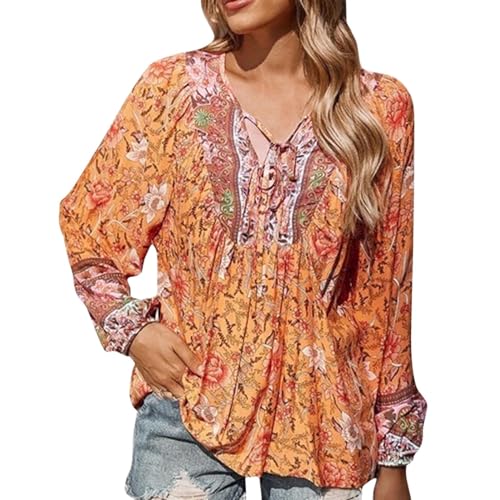 Generisch Boho Bluse Damen Langarm Sommer Hippie Große Größen 70er Blumenmuster Kleidung V Ausschnitt Batik Shirt Lässige Blusen & Tuniken von Generisch