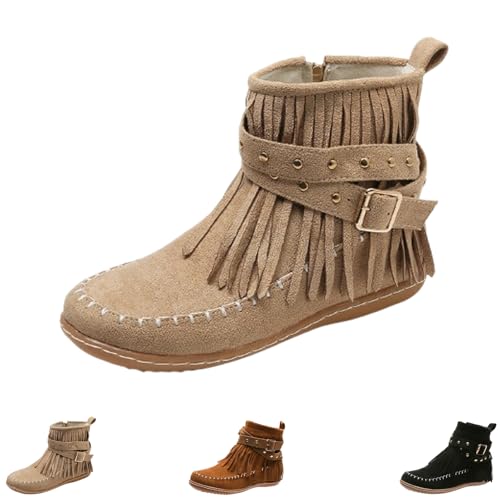 Generisch Boho Boots For Women Vintage Casual Tassel Fringe Suede Wide Round Toe Ankle Booties With Side Zipper Fashion Bohemian Slip On Flats Anti Skid Winter Mid Calf (Beige,39) von Generisch