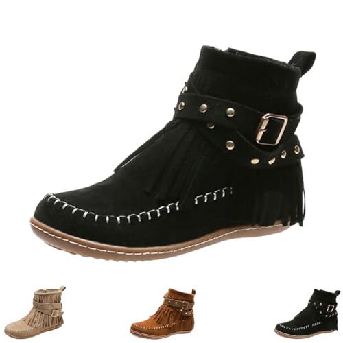 Generisch Boho Boots For Women Vintage Casual Tassel Fringe Suede Wide Round Toe Ankle Booties With Side Zipper Fashion Bohemian Slip On Flats Anti Skid Winter Mid Calf (Black,36) von Generisch