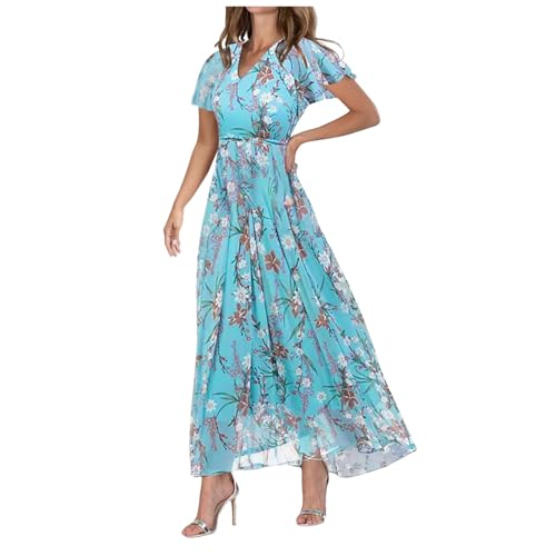 Generisch Sommerkleid Damen Lang, Kleider Damen Sommer Elegant Blumenkleid Maxikleid Casual Strandkleider Boho RüSchen Leichte Freizeitkleid Mode Wickelkleid Freizeit Abendkleid von Generisch