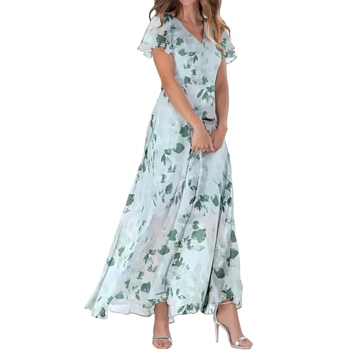 Generisch Boho Kleid Damen, Sommerkleid Damen Lang Elegant Sommer Blumenkleid Maxikleid Casual Strandkleider Boho RüSchen Leichte Freizeitkleid Freizeit Mode Wickelkleid Abendkleid, GrüN von Generisch