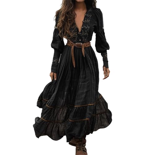Generisch Boho Kleid Damen Lang Leinen - Sommerkleid Leichtem Und Weichem Knielang V-Ausschnitt Freizeit Partykleid Summer Leicht Elegant Midikleid Blumenkleid Hellblaues Maxikleid Langarm von Generisch