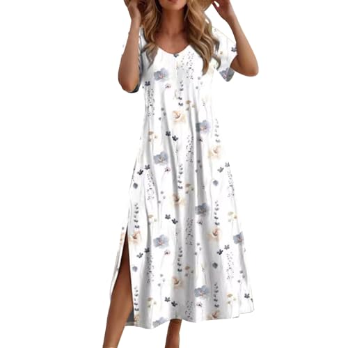 Generisch Boho Kleid Damen Lang Sommer Elegant Sommerkleid Damen Leicht mit Schlitz Blusenkleid Blumen Sommerkleider Damen Leicht Und Luftig Maxikleid Boho Strandkleid Kurzarm Kleid U Ausschnitt von Generisch