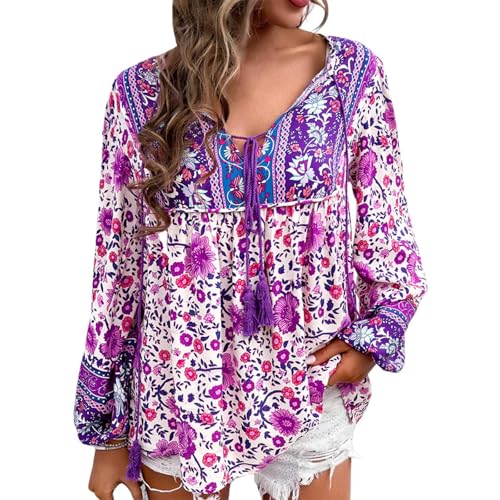 Generisch Boho Kleidung Damen,Bluse Damen Elegant Lässige Boho V-Ausschnitt Blumenmuster Lose Tunika Damen Langarm Sommer Große Größen Blusenshirt Hemd Casual Oberteile T Shirt Flower Pink Kleidung von Generisch