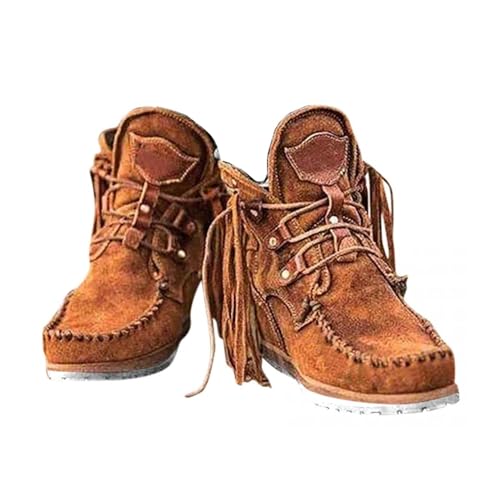Generisch Boho Western Ankle Boots Damen mit Fransen Wildleder Rundspitze Bequem Leicht Retro Cowboystiefel für Herbst Winter mit Seitlichem Reißverschluss Braun von Generisch