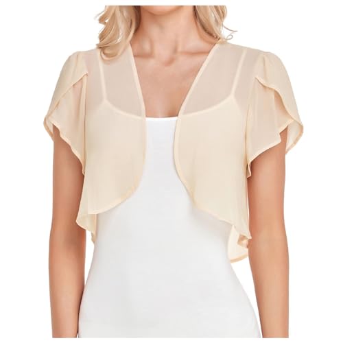 Generisch Bolero Damen Festlich Beige Creme Durchscheinend Leicht Cardigan Elegant Chiffon Oberteile 3/4 Ärmel Sommer Schulterjäckchen Super Dünne Strickjacke von Generisch
