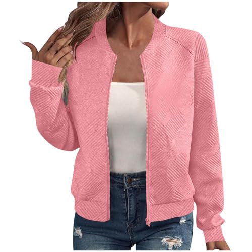 Generisch Bomberjacke Damen Blouson Jacke Dünne Übergangsjacke Langarm College Jacke Kurze Zip Up Freizeitjacke Casual Strickjacke Stehkragen Pilotenjacke Bikerjacke Einfarbig Bequem Sportjacke von Generisch