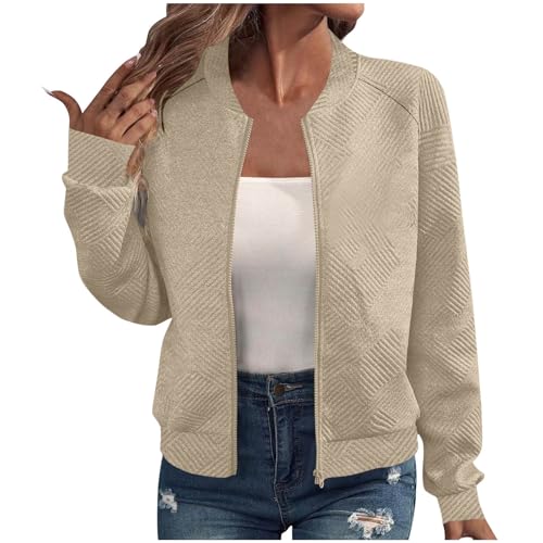 Generisch Bomberjacke Damen Blouson Jacke Dünne Übergangsjacke Langarm College Jacke Kurze Zip Up Freizeitjacke Casual Strickjacke Stehkragen Pilotenjacke Bikerjacke Einfarbig Bequem Sportjacke von Generisch