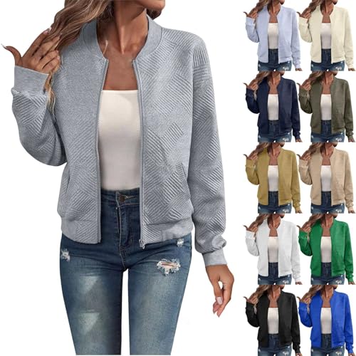 Generisch Bomberjacke Damen Blouson Sommerjacke Leichte Reißverschluss Sweatjacke Kurz Pilotenjacke Einfarbig Jacke Elegant Übergangsjacke mit Taschen College Jacket MäDchen Fliegerjacke,A Grau,L von Generisch