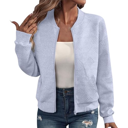 Generisch Bomberjacke Damen Blouson Sommerjacke Leichte Reißverschluss Sweatjacke Kurz Pilotenjacke Einfarbig Jacke Elegant Übergangsjacke mit Taschen College Jacket MäDchen Fliegerjacke,Silber,L von Generisch
