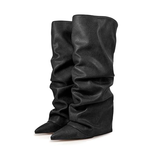 Generisch Boots Damen, Fold Over Stiefel Damen Plissierte Faltstiefel Keilabsatz - PU/Wildleder Knie High Boots Casual Stiefeletten Cowboystiefel Halbhoch Damenstiefel, 38/EU, Schwarz von Generisch