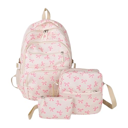 Generisch Bow -Rucksack für Mädchen, School Rucksack Bookbag, Ästhetik Nylon Rucks-ack, süßer Rucks-ack 3pcs Set mit Bogenmuster von Generisch
