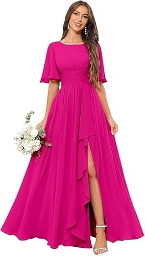 Generisch Brautjungfernkleider Lang Beige Damen Elegante Brautjungfernkleid Chiffon Plissiert Hohe Taille Schlitz Lang Ärmel Formelles Abendkleid Pink 44 von Generisch
