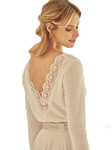 Generisch Brautpullover mit Spitze Brautpulli Brautstola Stola Cape Braut Pullover Kashmir Effekt tiefer Rückenausschnitt Brautjacke Langarm Hochzeit Winter Cape Ivory NEU (40) von Generisch