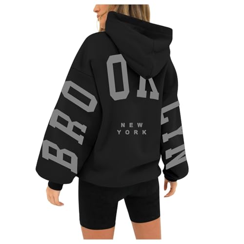 Generisch Brooklyn Kapuzenpullover Damen Y2K Punk Gothic Hoodie Oversize Backprint Pullover mit Kapuze Kordelzug Sweatshirt Frauen Casual Lockere Langarmshirt Rundhals Taschen Streetwear von Generisch