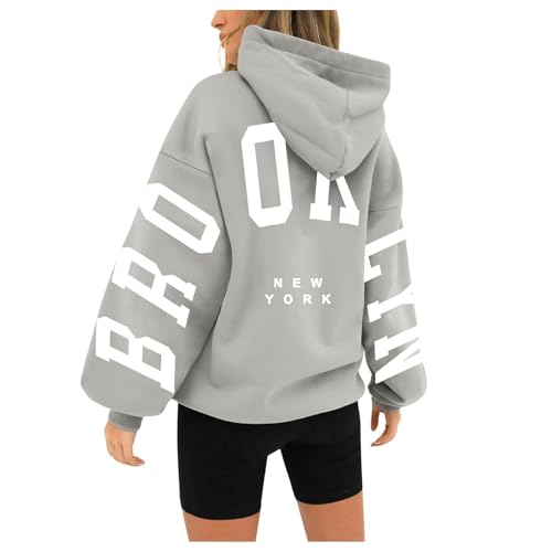 Generisch Brooklyn Kapuzenpullover Damen Y2K Punk Gothic Hoodie Oversize Backprint Pullover mit Kapuze Kordelzug Sweatshirt Frauen Casual Lockere Langarmshirt Rundhals Taschen Streetwear von Generisch