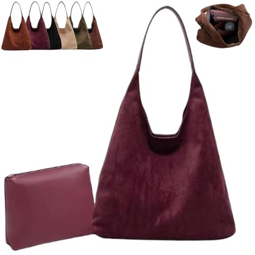 Generisch Brown Suede Bag for Women, Retro Leisure Large Capacity Suede Shoulder Bag for Work, with Compartments (Purple Red) von Generisch