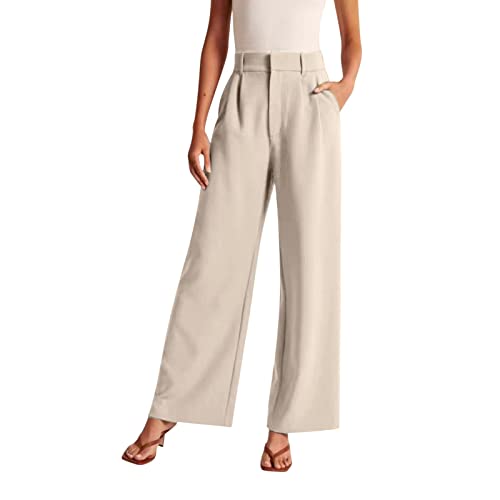 Generisch Bürohose mit weitem Bein für Frauen Arbeit Business Casual Schlichte gerade Anzughose mit hoher Taille Weibliche Hose mit Reißverschluss Fließende Hose in Übergröße(Beige, M) von Generisch