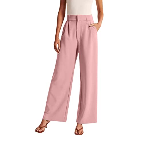 Generisch Bürohose mit weitem Bein für Frauen Arbeit Business Casual Schlichte gerade Anzughose mit hoher Taille Weibliche Hose mit Reißverschluss Fließende Hose in Übergröße(Rosa, XL) von Generisch