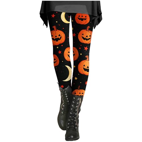 Generisch Bunte Leggings Damen Karneval Mit Halloween-Print In Kürbis Muster Bunt Halloween Kostüm Leggins Herbst Winter Casual Bequeme Retro-Leggings Strumpfhose Lustig Stoff Hose Blickdichte Tights von Generisch
