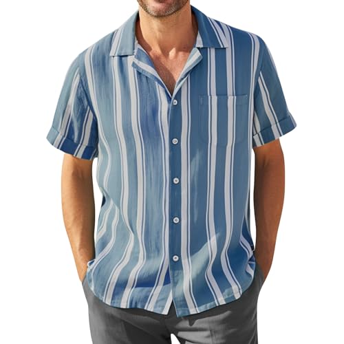 Generisch Business Hemd Herren, Kurzarm Sommerhemd Freizeithemd Männer Basic Shirts Hawaii Hemden Herren Bügelfrei Leinen Fit Slim Schwarz Sommer Blumen Kostüm Weiß Herrenhemd Sport (3XL, Blau) von Generisch