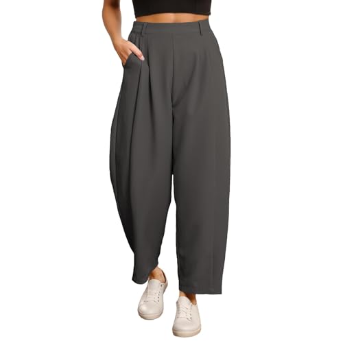 Generisch Business Hose Damen Sommer Anzughose Knopfleiste Wide Leg Barrel Pants mit Taschen Business-Hosen Elegant Freizeithose Stretch High Waist Damenhose Sommerhosen Lässige Outdoor Hose von Generisch