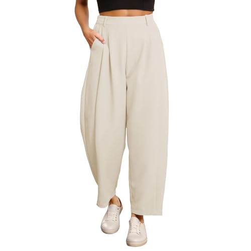 Generisch Business Hose Damen Sommer Anzughose Knopfleiste Wide Leg Barrel Pants mit Taschen Business-Hosen Elegant Freizeithose Stretch High Waist Damenhose Sommerhosen Lässige Outdoor Hose von Generisch